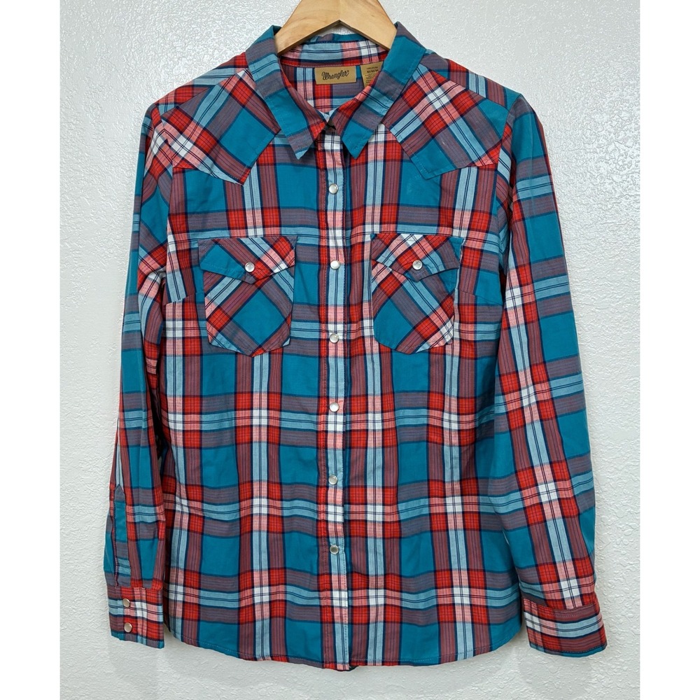Wrangler Western Womens Plaid Shirt Teal Orange Pearl Snaps LWE351M Size M